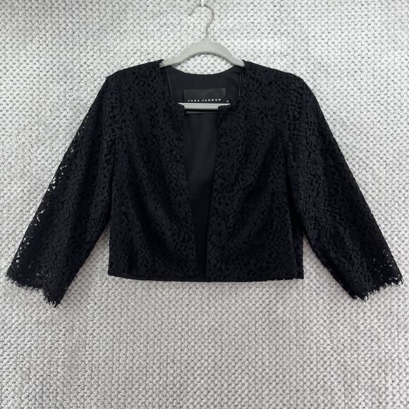 Tara Jarmon Cardigan Women 38 Black Lace Eye Lash Open Front Cropped Crew Neck - Picture 1 of 12